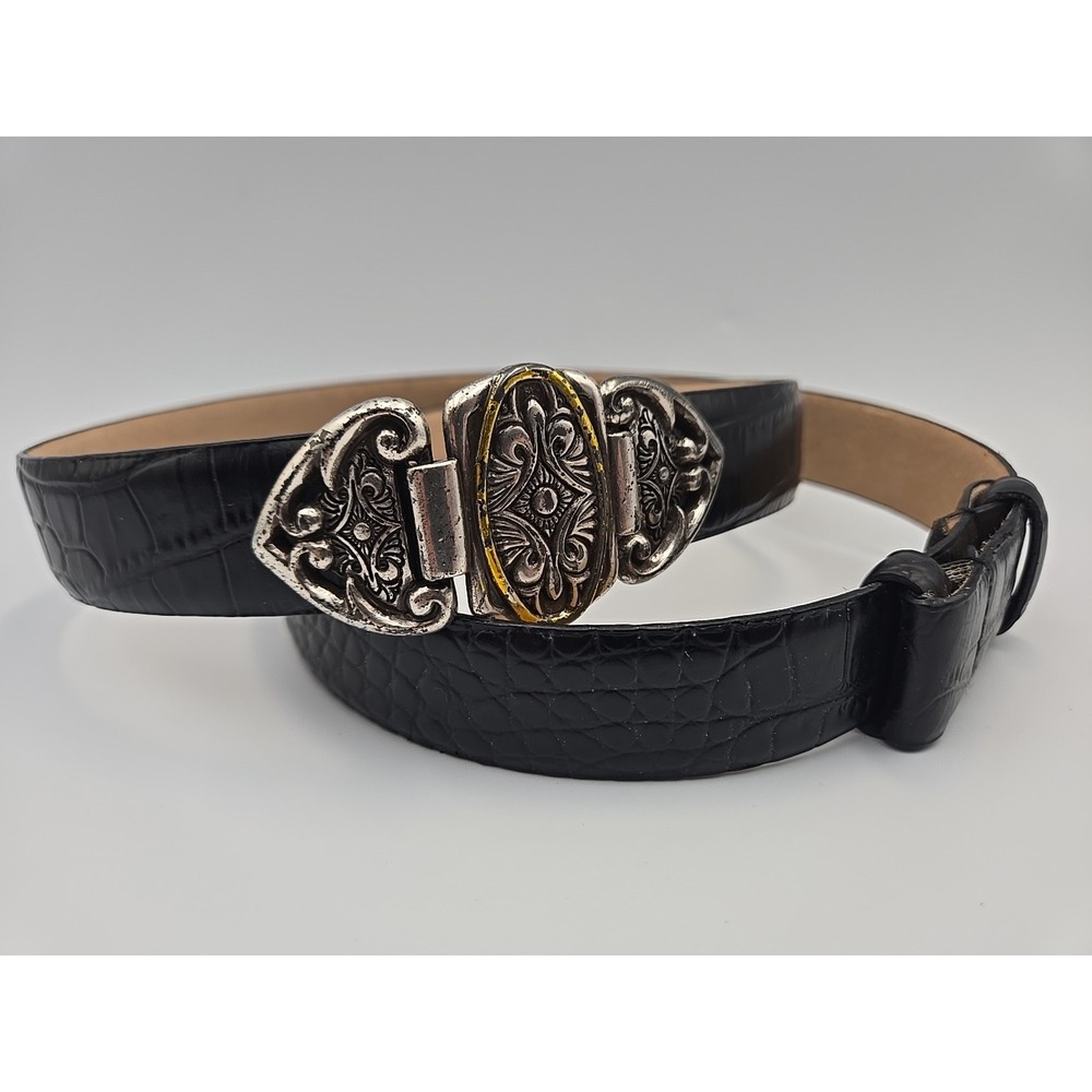 Lake Shore Drive Accessories Women's Belt Black Silver Metal Buckle Embossed‎ L
